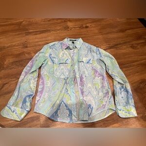 100% Cotton Ralph Lauren Blue Green White Paisley Button-Up Pockets Shirt Small